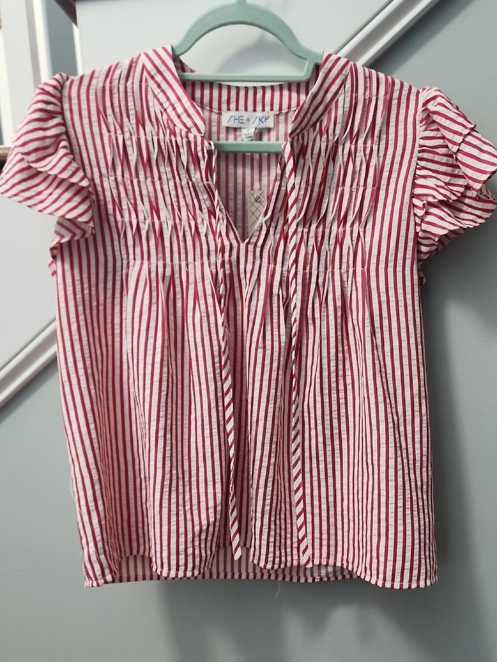 She + Sky Red and White Striped V-Neck Peasant Top